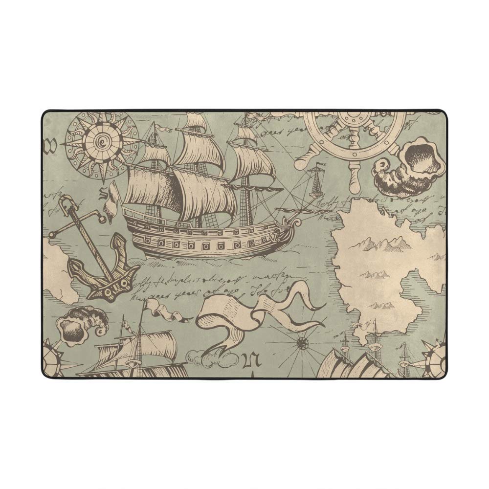 Grand tapis de salon nautique 203x147 cm bleu rétro avec ancres de mer Ruchen