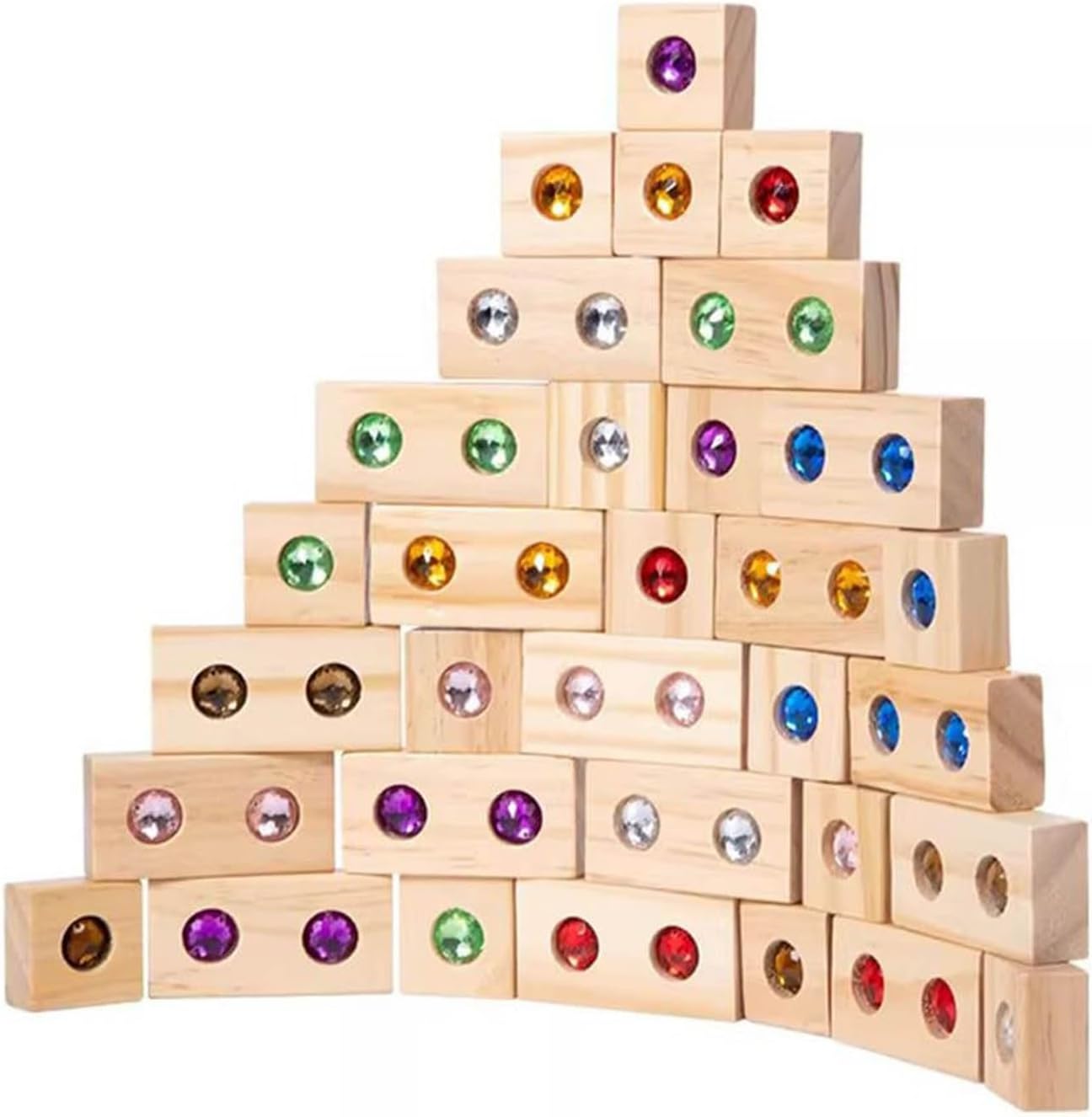 Acrylic Wooden Gem Block Wooden Blocks Set with Colorful Acrylic Inserts Rainbow Gem Cubes Stacking Blocks Early Learning Tool (50PCS)