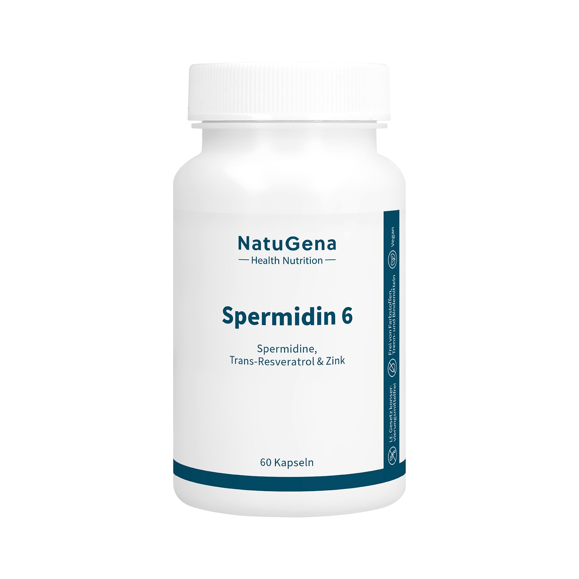 NatuGena Spermidin 6 Spermidin hochdosiert mit 6mg pro Kapsel/Trans-Resveratrol & Zink/Zellaufbau/Zellwachstum / 60 Kapseln HPMC (60-Tage-Packung)