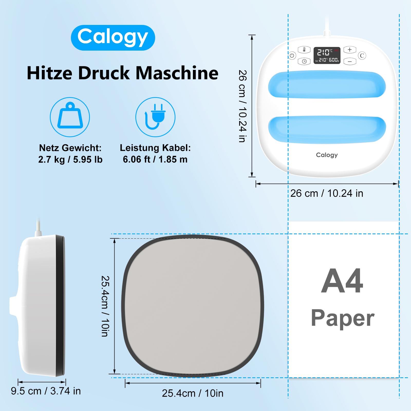Calogy Transferpresse Plotter 25,4x25,4 cm Heißpresse T Shirt Druckmaschine 1300W 210℃