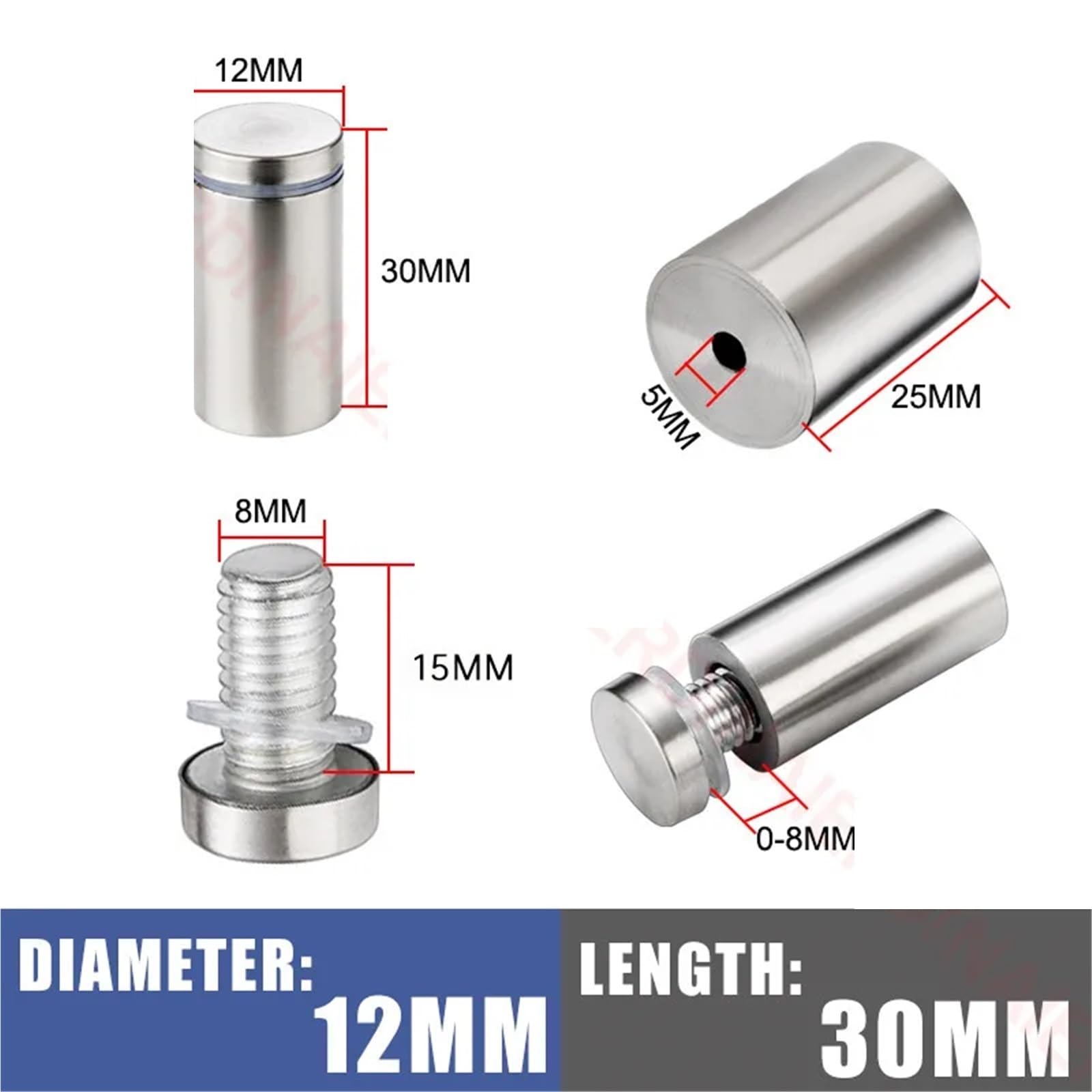 Mocowania dystansowe, śruby dystansowe 12 mm Uchwyty ścienne ze stali nierdzewnej Łączniki do szkła akrylowego 20-80 mm 50 szt.(12x80mm,12x80mm)