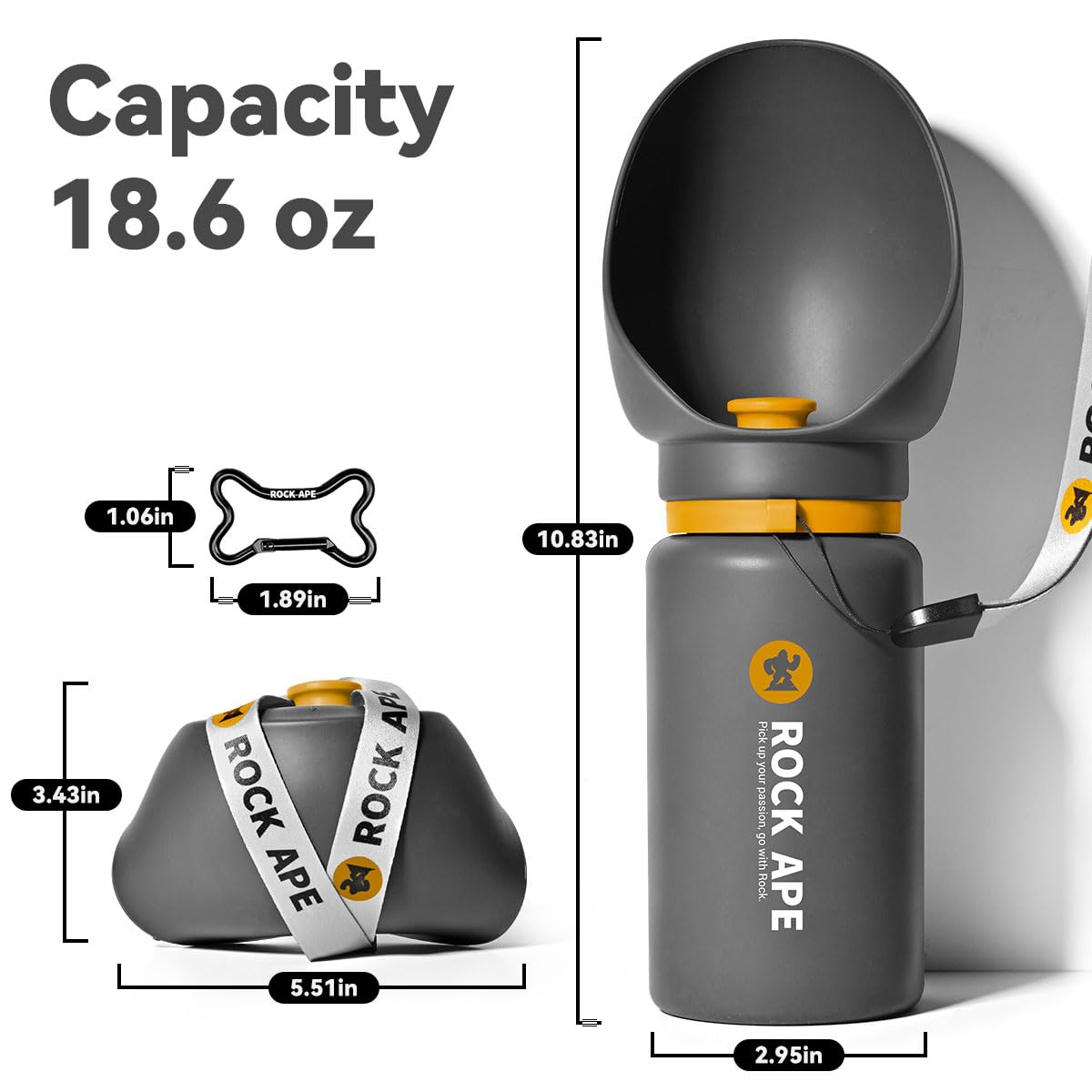 ROCK APE Botella de agua plegable de silicona para perros con cuenco, sin BPA, a prueba de fugas, operación con una sola mano, color gris