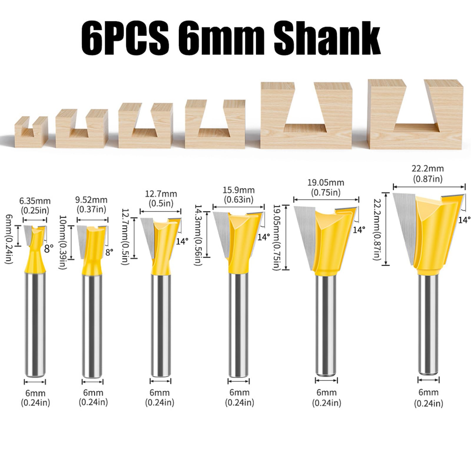 MACHSWON 6 PCS Straight Cut Router Bit Set Milling Cutter Cutting Dovetail Bit 1/4" Shank,1/4" 3/8" 1/2" 5/8" 3/4" 7/8" Cut Diameter Woodworking Cutting Trimming Cutter Double Flute Grooving Bits - Image 2
