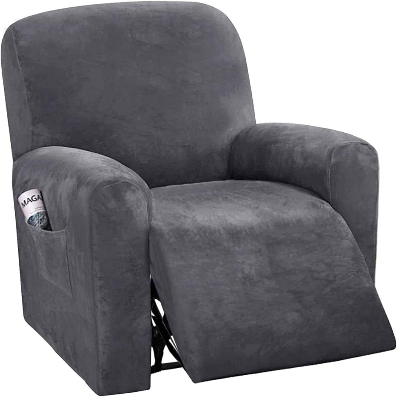 Stretch Recliner Cover for 1 Seater,4-Piece Velvet Sofa Covers Recliner Slipcover Soft Washable Protector with Elastic Bottom Side Pocket (Gray)