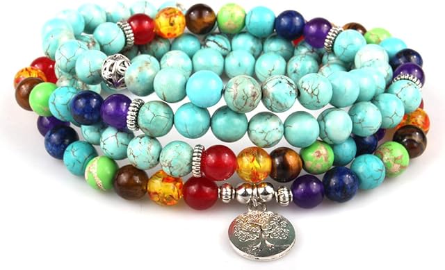 Techson 7 Chakra Bracelet, 108 Mala Beads Gemstone Wrap Bracelet, 8mm Turquoise Buddhist Prayer Necklace with Tree of Life Pennant