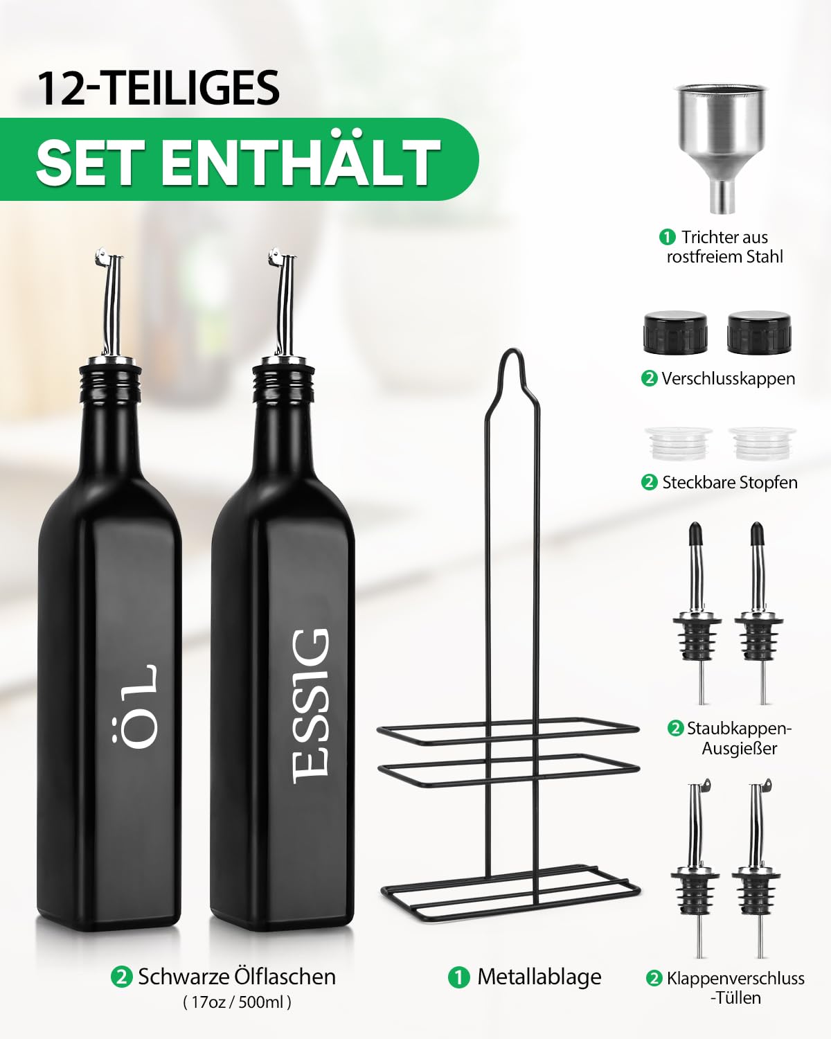 DaiRen Kitchen 2-tlg. Öl- und Essigspender-Set, Schwarz-Weiß Olivenölflaschen-Spender mit Ablagehalter und Edelstahl-Ausguss, 500 ml süßes Vintage-Glas-Set für die ländliche Küche (Typ 2)
