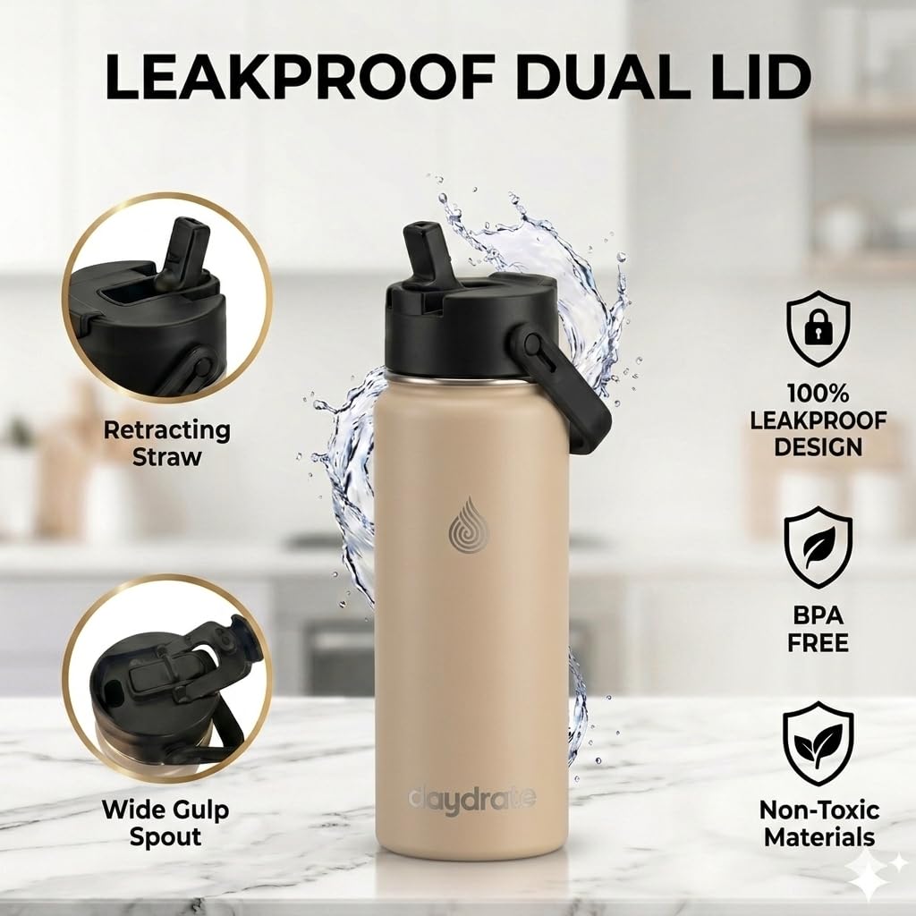 Insulated Metal Water Bottle with Straw 750ml- Stainless Steel Water Bottle, BPA Free, Lid Straw & Spout, Leakproof, 24 Hours Cold & Hot, Work, Travel, Gym Bottle for Men & Women - Sandstone -Daydrate - 3