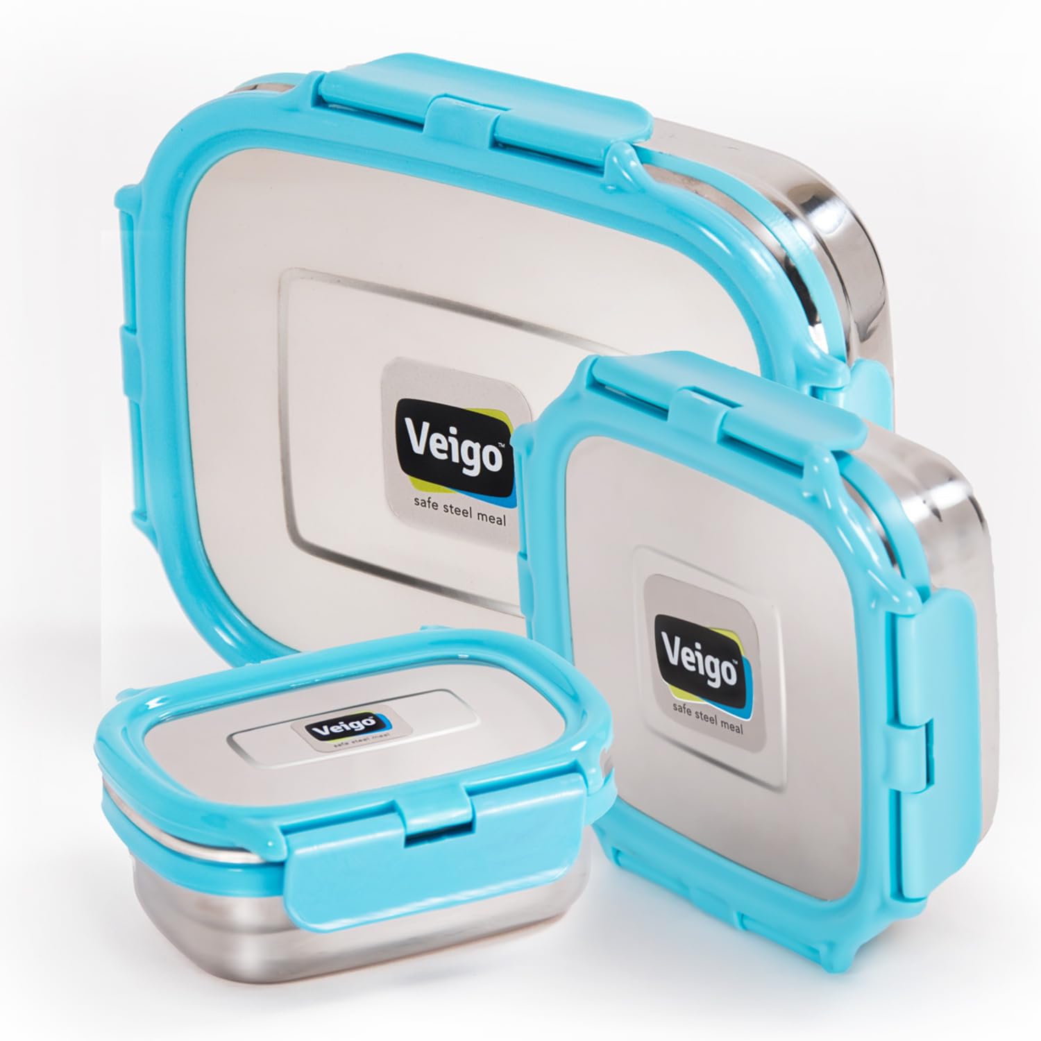 Veigo Steel lunch boxes for office men, tiffin box for office men, lunch box for kids | 1140 ml Capacity | includes 630 ml, 330 ml, and 180 ml Containers | Leakproof & Airtight | Aqua Blue