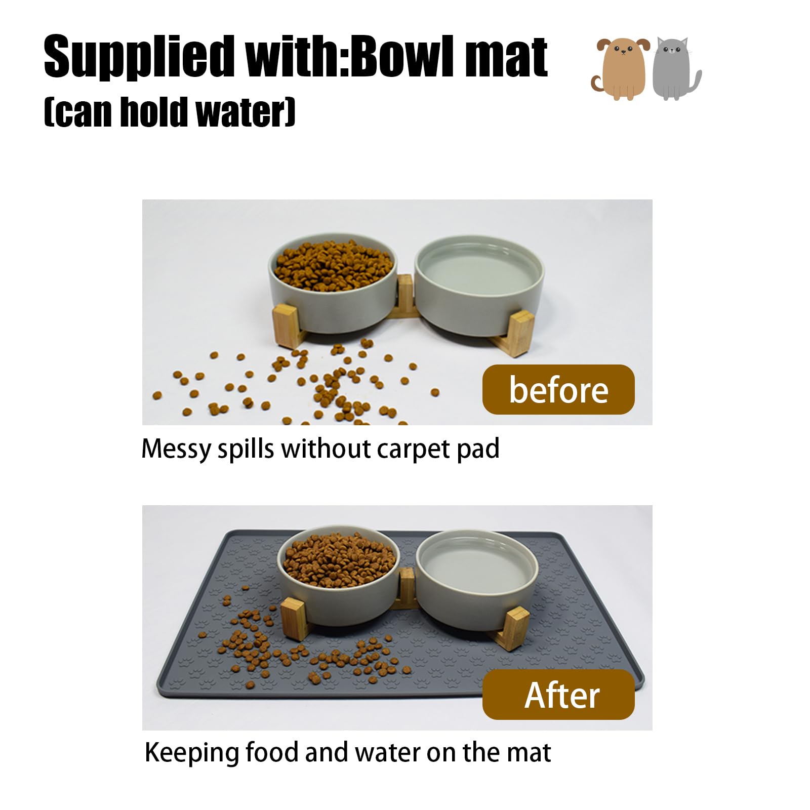 Nesirooh Ciotole per Cani Gatti Ceramica, Doppia Ciotola per Acqua e Cibo con Supporto in Bambù e Tappetino Antiscivolo per Gatti e Cani di Piccola Taglia (400ml, 2 Grigio)