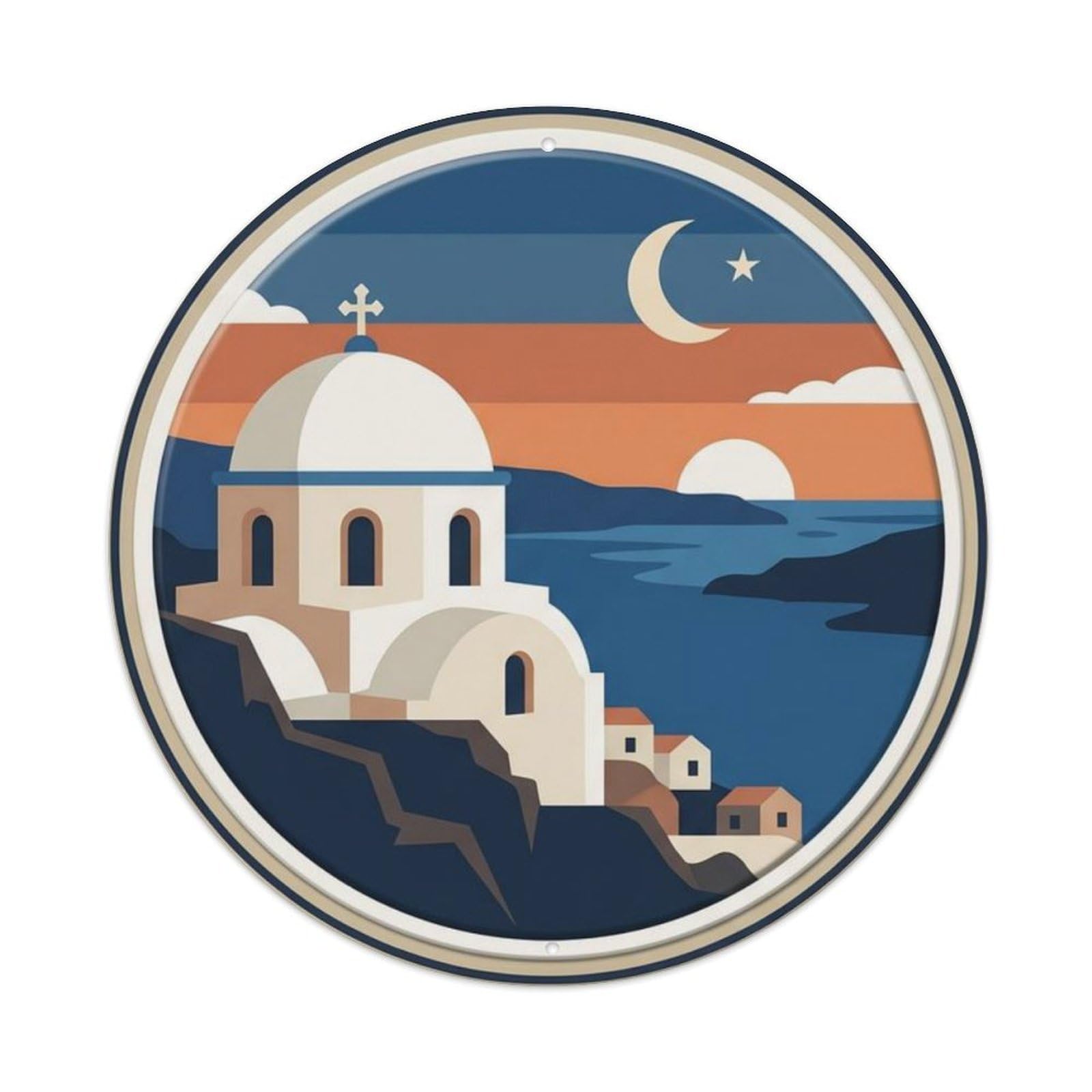 Santorini Sunset Terrace Travel 1 Metal Tin Sign Plaque Wall Decor for Cafe, Club Bar, Office, Home Garden Round Metal Poster 8x8Inch