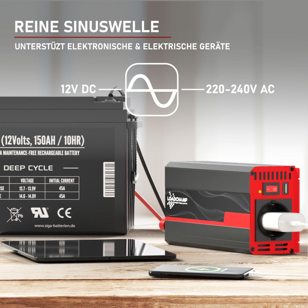 LOADCHAMP Wechselrichter 300W / 600W Reiner Sinus Spannungswandler 12v 230v Inverter LCD-Display Stromerzeuger Solar Wohnmobil