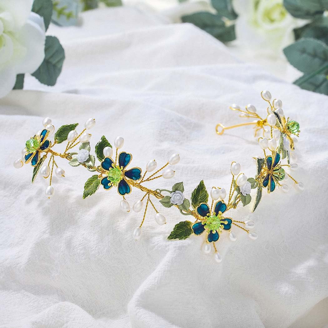 IYOU Flower Fairy Headband Green Pearls Wedding Crown Leaf Bridal Bridesmaid Elf Hair Accessories for Women - Image 3