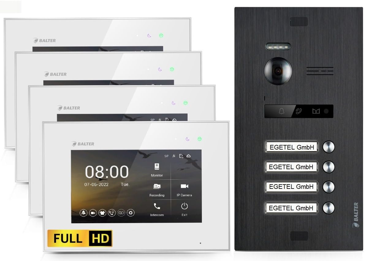 BALTER EVO HD Video Türsprechanlage Black für 4 Familienhaus Kit, 4x Monitor 7"