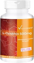 Vitamintrend L-Ornithine 500mg 240 Capsules High Dose Vegan Dietary Supplement Magnesium Stearate Free Made in Germany