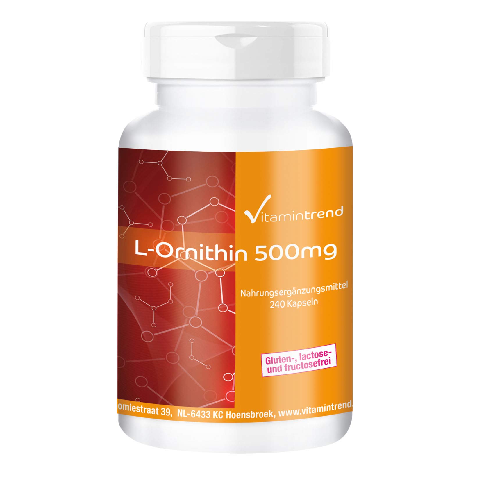 Vitamintrend L-ornitina 500 mg, 240 capsule, ad alto dosaggio, integratore alimentare vegano senza magnesio stearato, prodotto in Germania