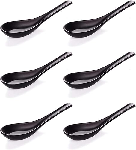 Happy Sales HSSP-MBLKP6, Soba de melamina, cucharas de arroz, cucharas de sopa asiáticas chinas de Won Ton, 6 piezas negro liso