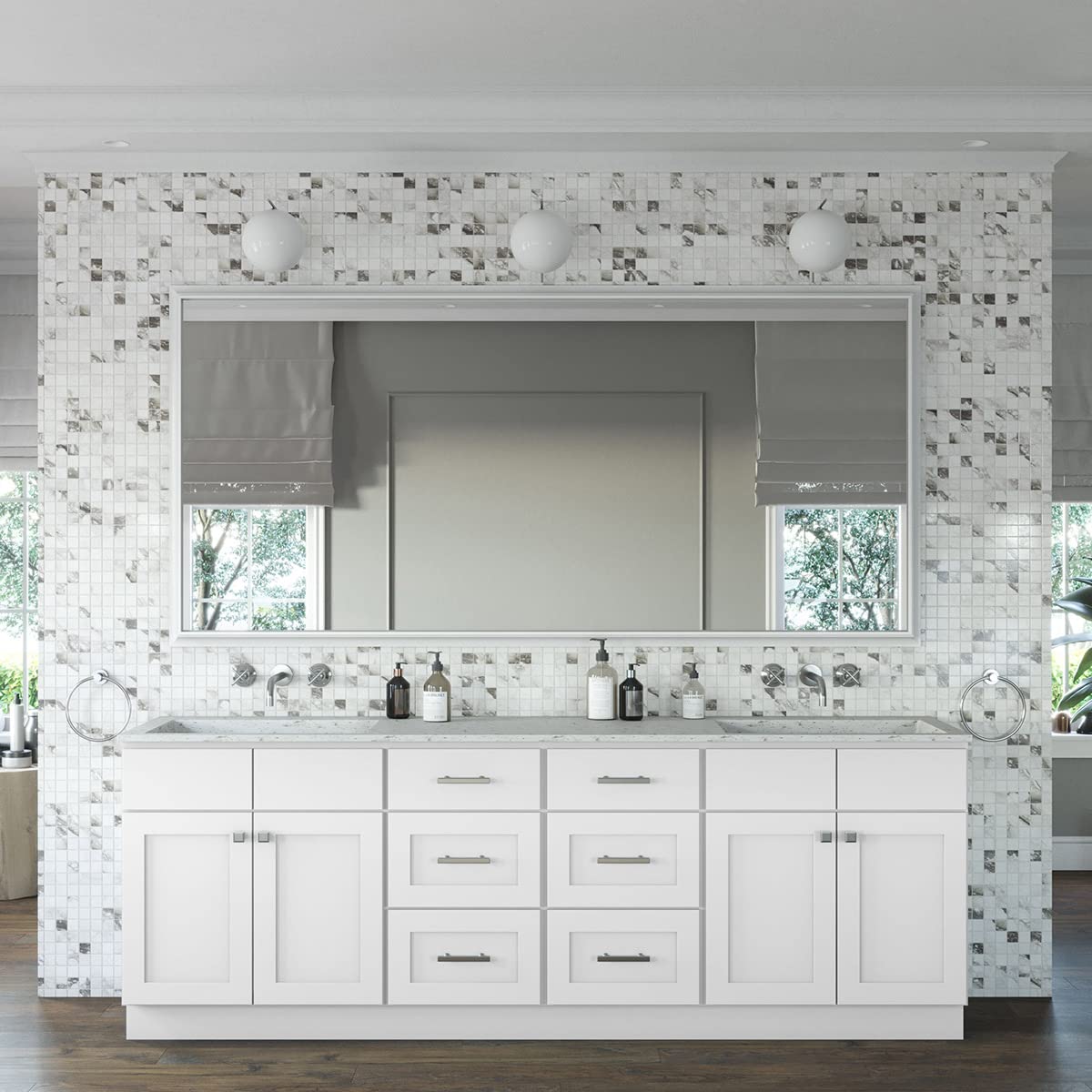 RTA Cabinet Store 96 Inch Double Sink Bathroom Vanity Base Without Top - Easton Model - White Color with Shaker Style Cabinets and 6 Soft Close