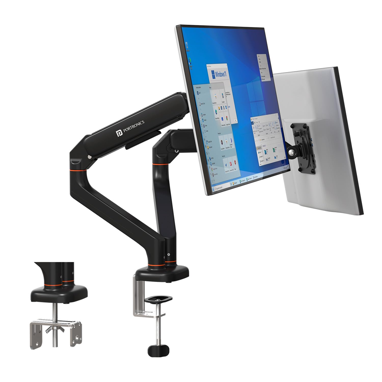 Portronics Aerolift Duo Gas Spring Dual Monitor Arms, Desk Mount for 13–32 Inch Screens, VESA 75x75 & 100x100 mm, Full Motion Tilt/Swivel/Rotation, C-Clamp & Grommet Installation, Aluminium Build-image-20