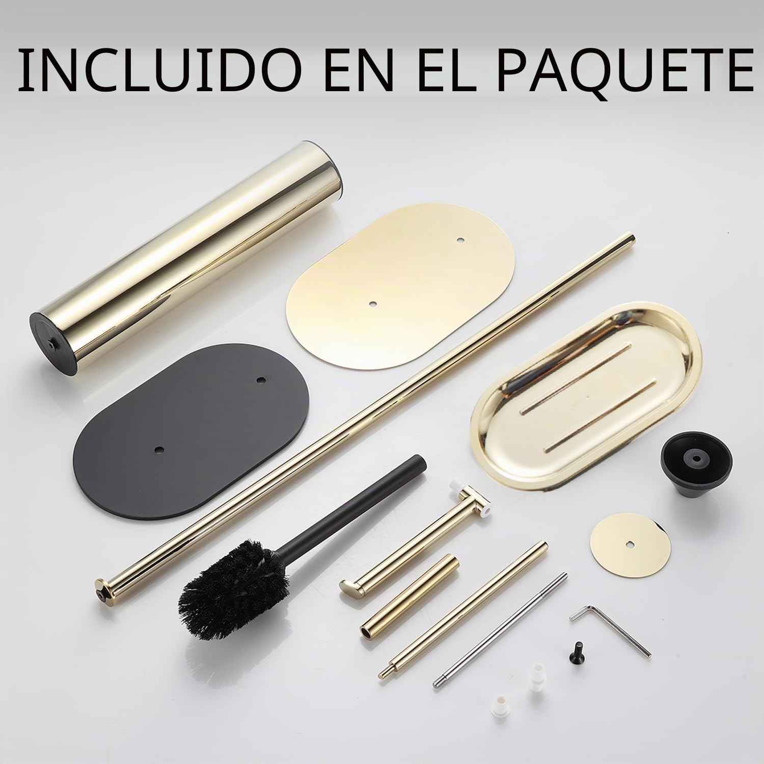 BGL Juego de escobillas de baño de pie con soporte para papel higiénico 3 en 1 con estante, diseño moderno y de acero inoxidable dorado