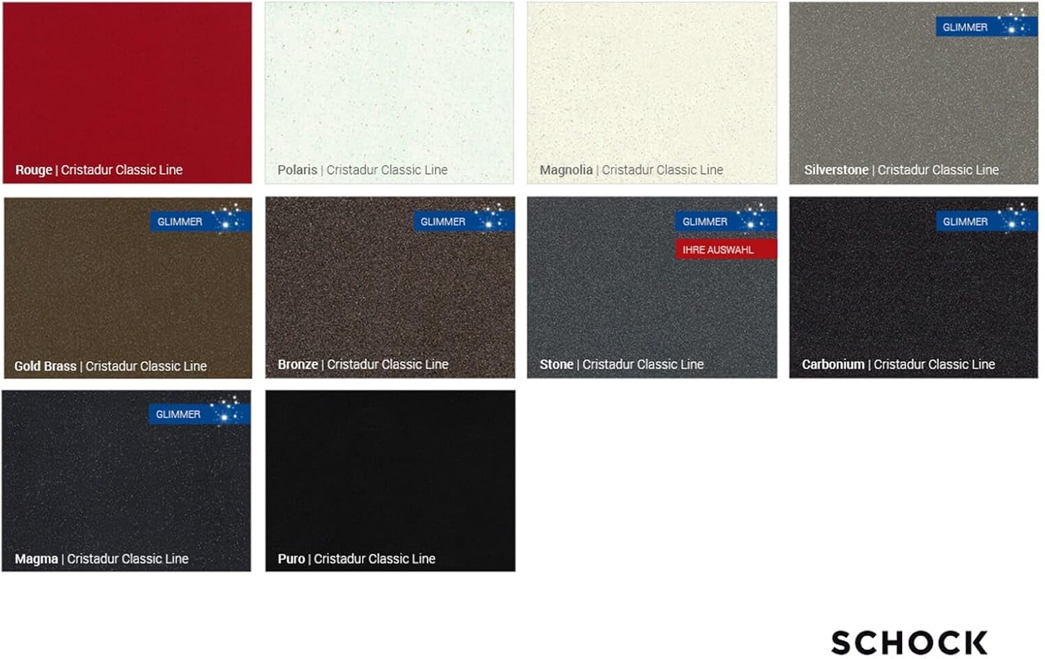 A grid displaying various color options for SCHOCK Cristadur sinks, including Rouge, Polaris, Magnolia, Silverstone, Gold Brass, Bronze, Stone, Carbonium, Magma, and Puro.