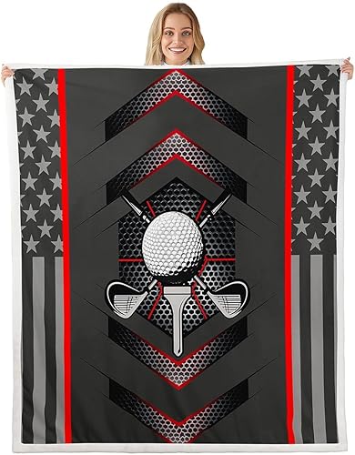 Golf Flannel Blankets All Seasons,Fashion Sports Game Golf Clubs Black Gray Bed Blanket for Room Decor,Modern Honeycomb American Flag Patchwork