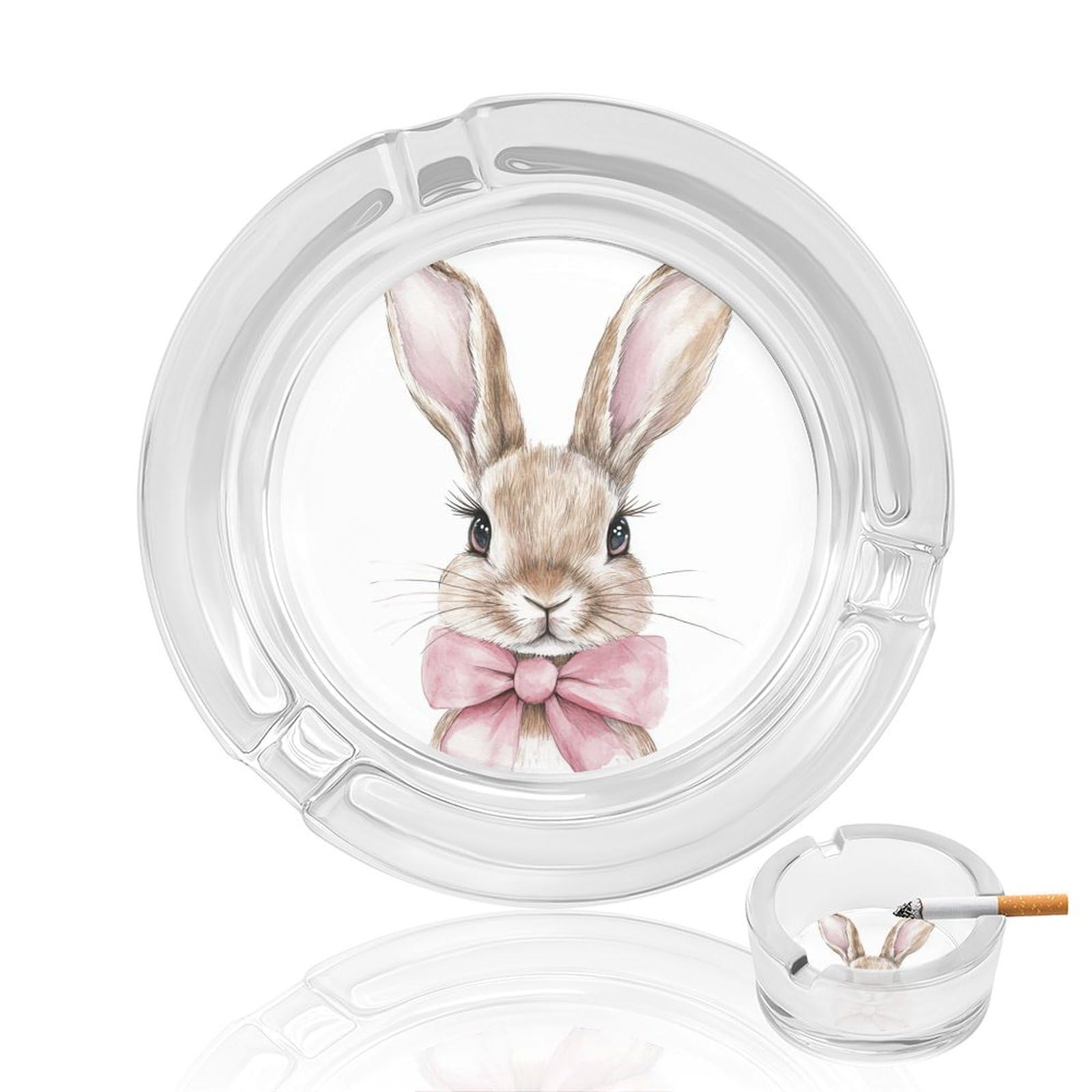 Watercolour Cute Bunny Rabbit with Pink Bow Glass Ashtray for Cigarettes Portable Decorative Ash Trays for Home Office Decor