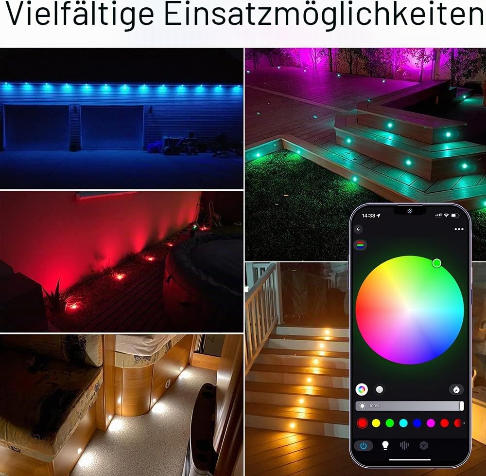10er Set LED Bodeneinbauleuchten Aussen RGBW Ø45mm WiFi Terrasse Einbaustrahler Led Terrassenbeleuchtung 12v, IP67 Wasserdicht mini Led spot Boden mit Fernbedienung Kompatibel mit Alexa Google Home