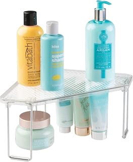 mDesign Plastic/Steel Corner Stackable Rack, Storage Organizer Shelf for Bathroom, Vanity, Countertop, Sink, Cabinet, Holds Makeup, Shower Accessories, Ligne Collection - Clear