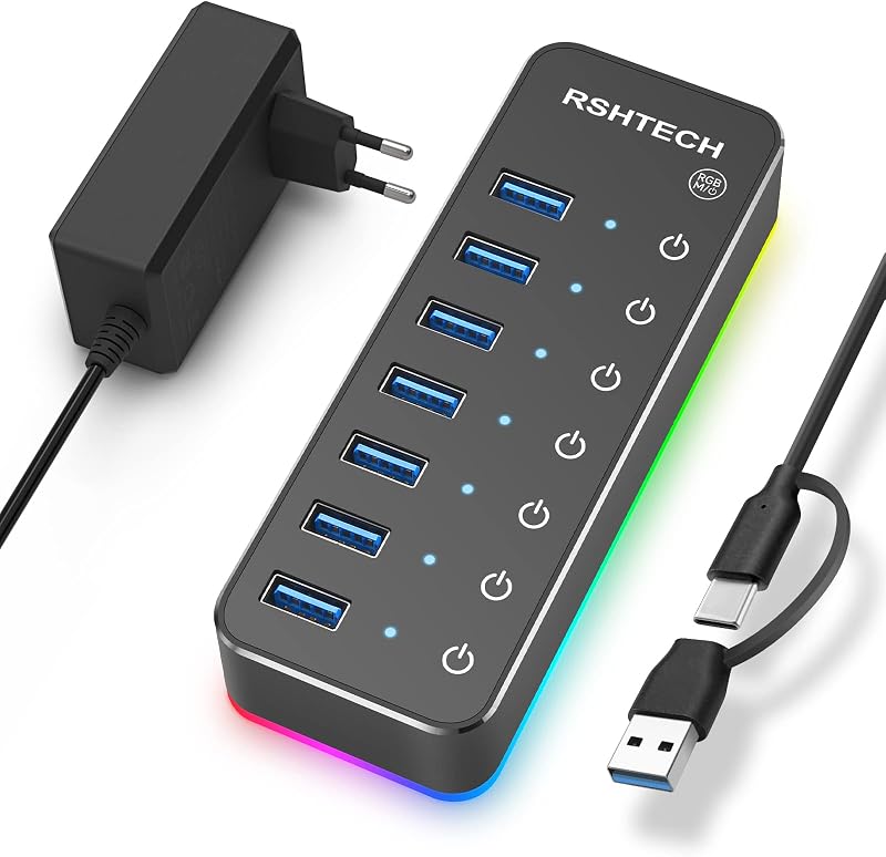 RSHTECH 7 portos USB 3.0 Hub RGB világítással, alumínium, 20W tápegység
