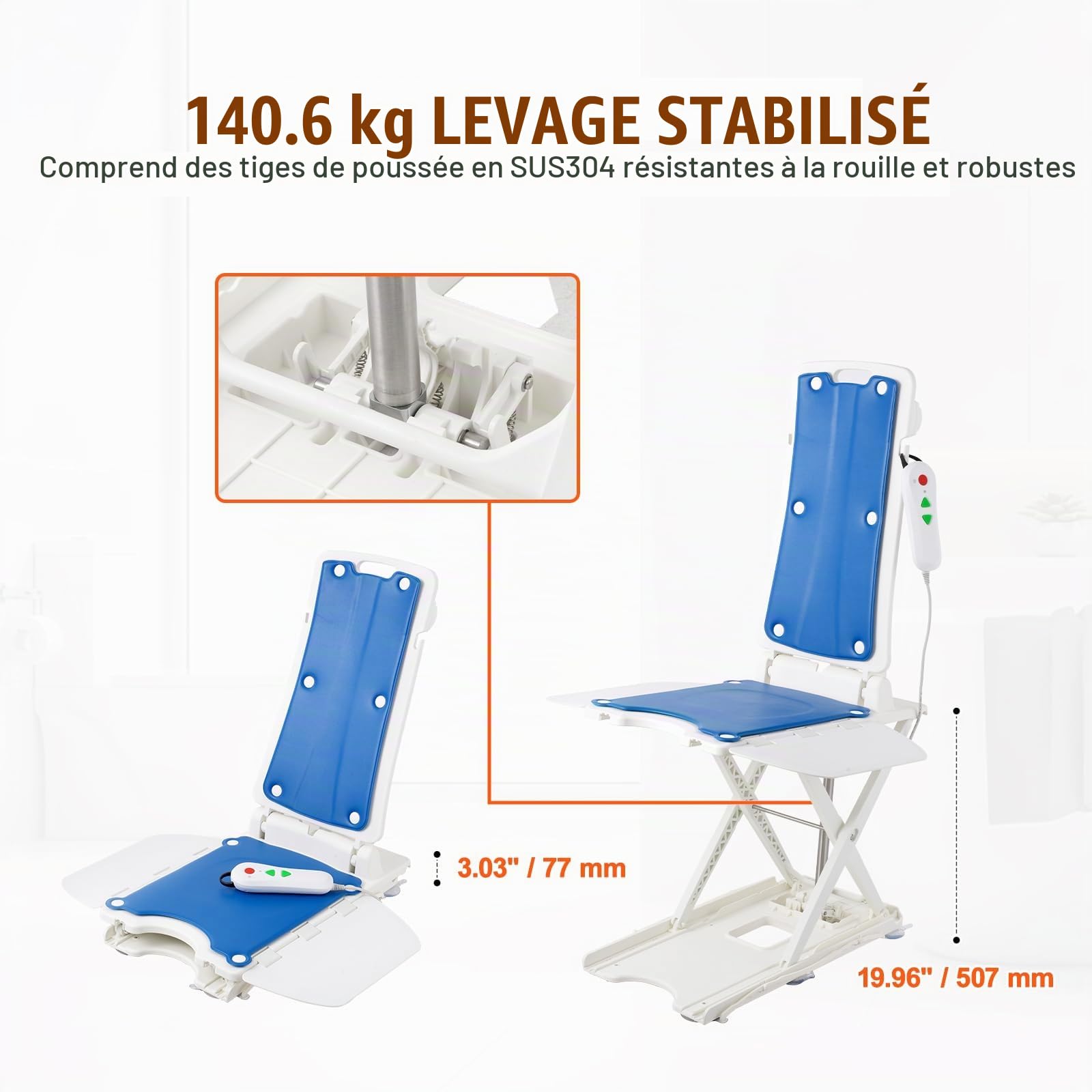 VEVOR Elévateur de Bain électrique, 77 à 507 mm, appareils pour soulever Les Vieux du Sol, supporte jusqu'à 140,6 kg, Inclinaison à 45 ° pour Inclinaison Confortable, pour Personnes âgées, Patients