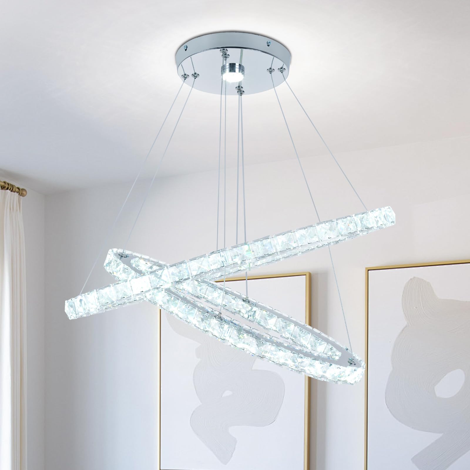 Lampadario Ovale in Cristallo da 60 cm, Lampada a Sospensione LED a 2 Anelli Bianca Fredda Illuminazione per Soffitto per Isola Cucina Sala da Pranzo Soggiorno e Camera da Letto