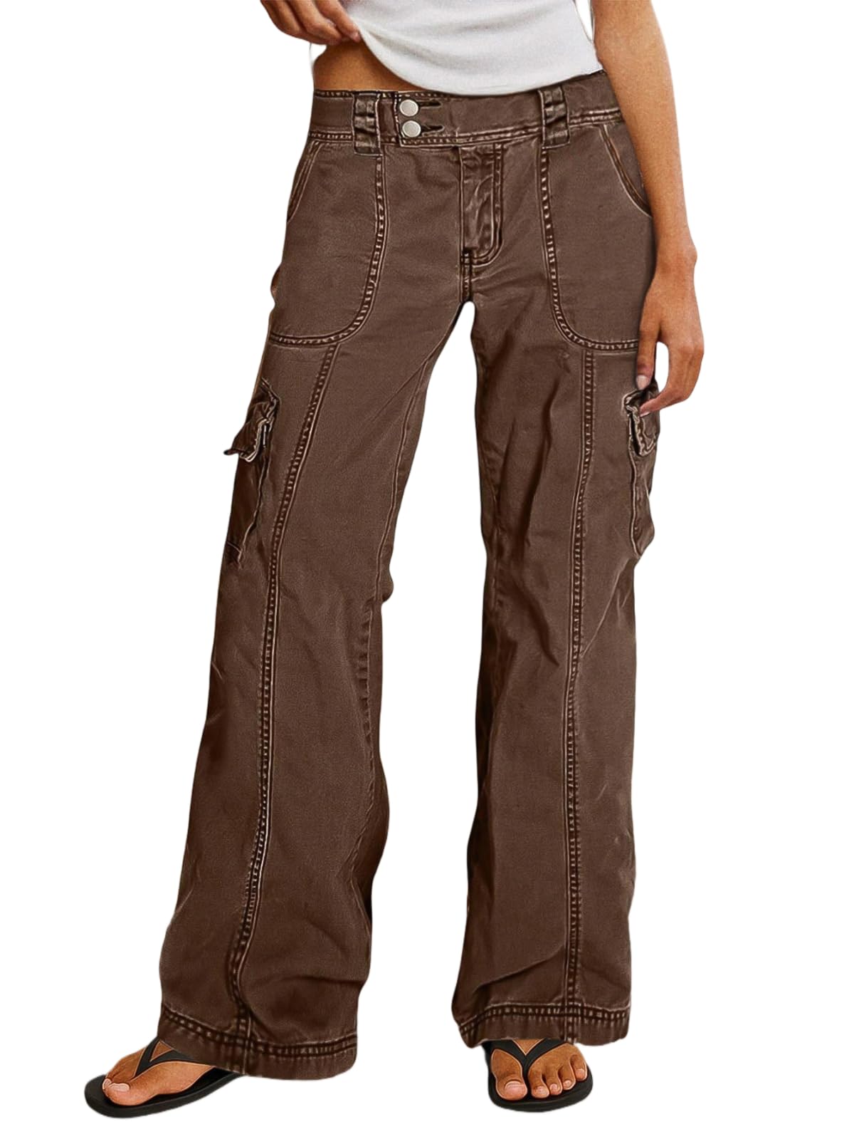 Flamingals Womens Vintage Washed Cargo Pants Mid Waist Wide Straight Leg Flap Pocket Seam Front Streetwear Trousers Pants