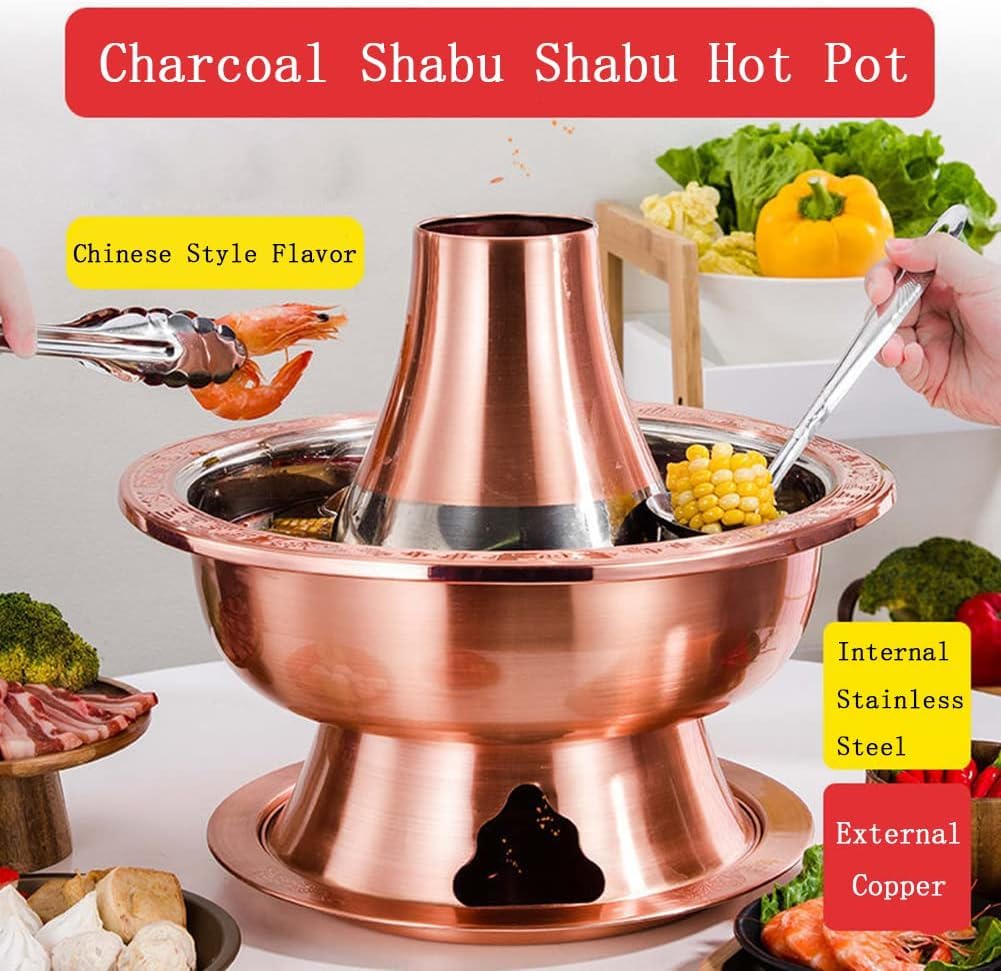 INUUXLG Traditional Chinese Copper Hot Pot, Vintage Copper Hot Pot with Stainless Steel Hot Pot Cooker Chinese Kitchen Soup Cooking Cookware for 1-10 People HOM