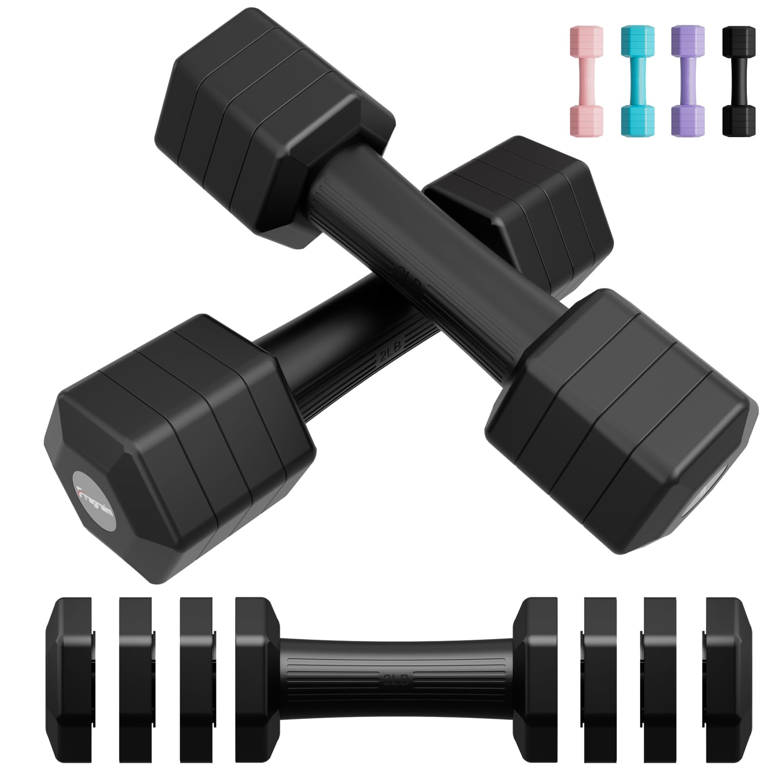 Adjustable Dumbbells Set for Women Men 4.54 kg, 4 in 1 Hand Weights Set Dumbbell Pair Each 0.9 kg, 1.36 kg, 1.81 kg, 2.27 kg Weights Dumbbell Set with TPU Soft Rubber Handle for Home Gym - Black