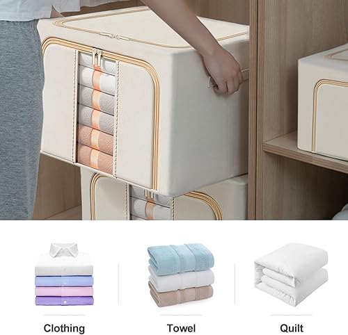 Miniatura 3 de GGPH Paquete de 2 bolsas de almacenamiento plegables para mantas con marco de acero, contenedores de almacenamiento para organizar el dormitorio,