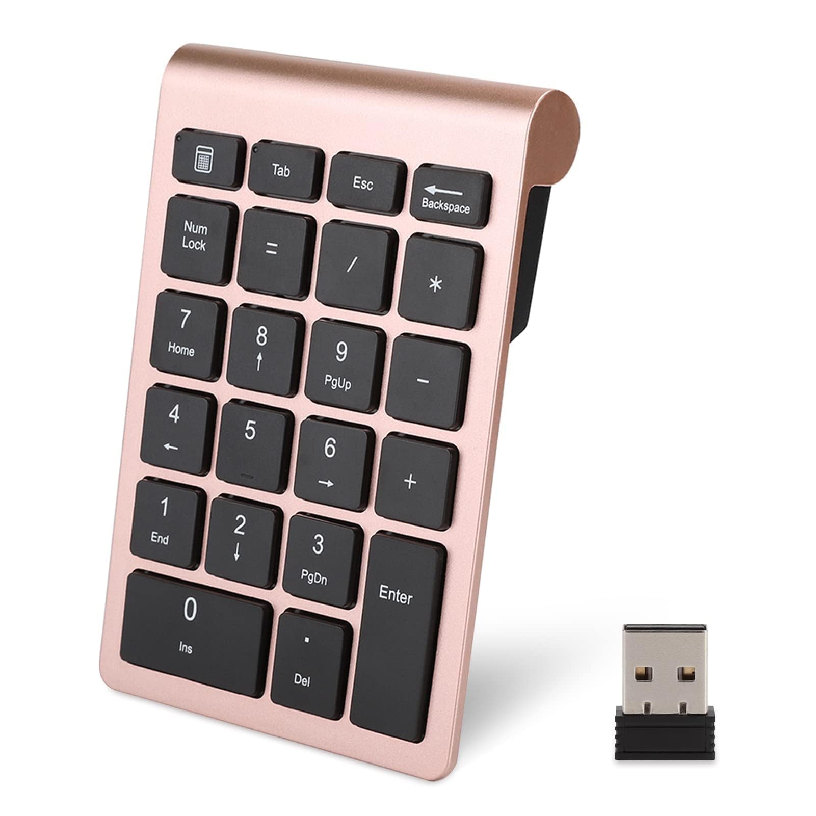 Agatige Mini Teclado Numérico de 22 Teclas, Teclado Numérico Inalámbrico Portátil de 2.4G con Receptor USB para Computadora de Escritorio Portátil Entrada de Datos de Acceso Directo a PC(Oro Rosa)