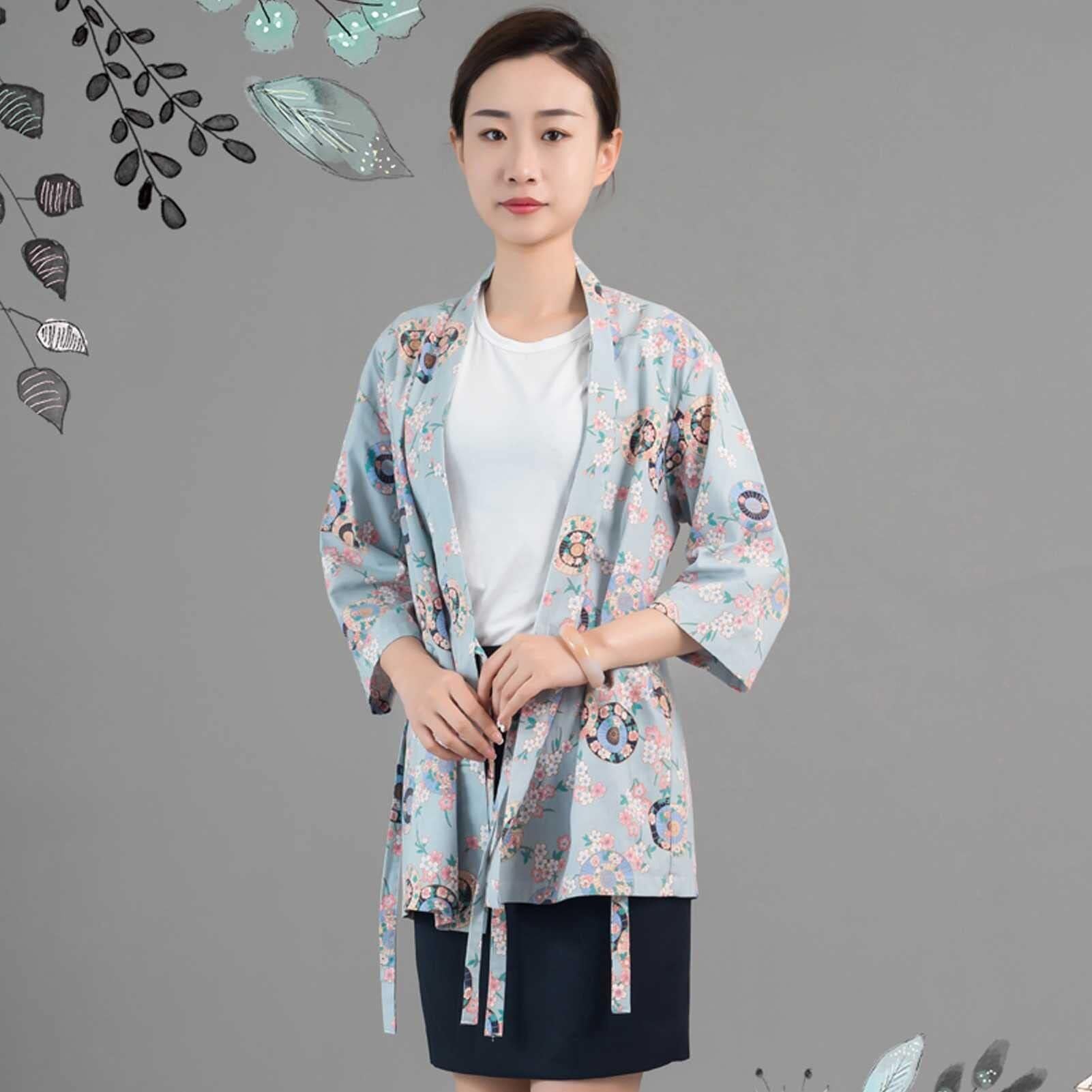 Ropa de Trabajo de Cocina Japonesa con Cuello de Kimono, Abrigo de Chef de Sushi con Mangas 3/4 para Mujer, Abrigo de Trabajo de Camarero