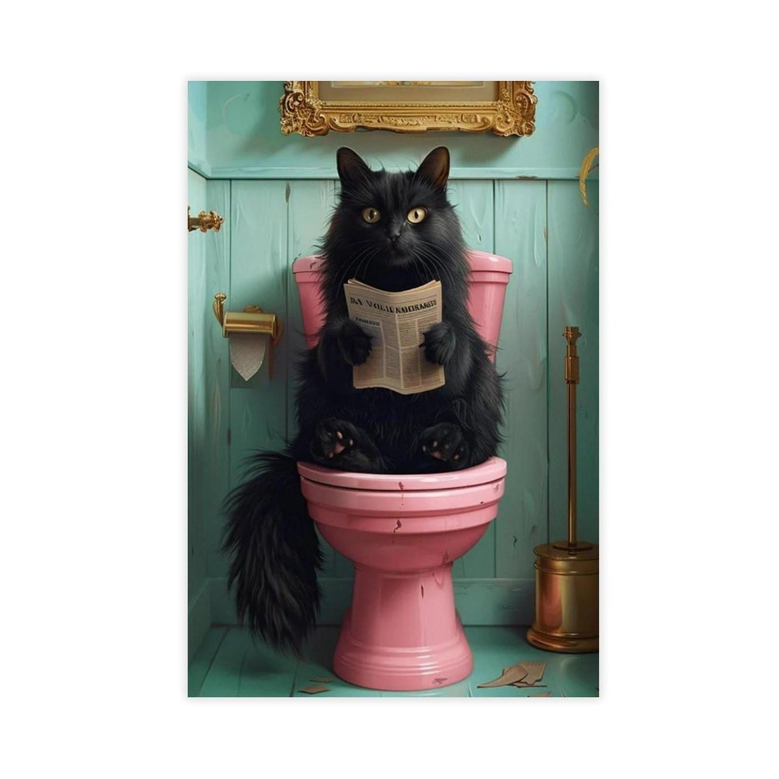Flamint Black Cat Sitting on A Pink Toilet And Reading Newspaper Canvas Poster Bedroom Decor Landscape Office Room Decor Gift 20" L X 30" W