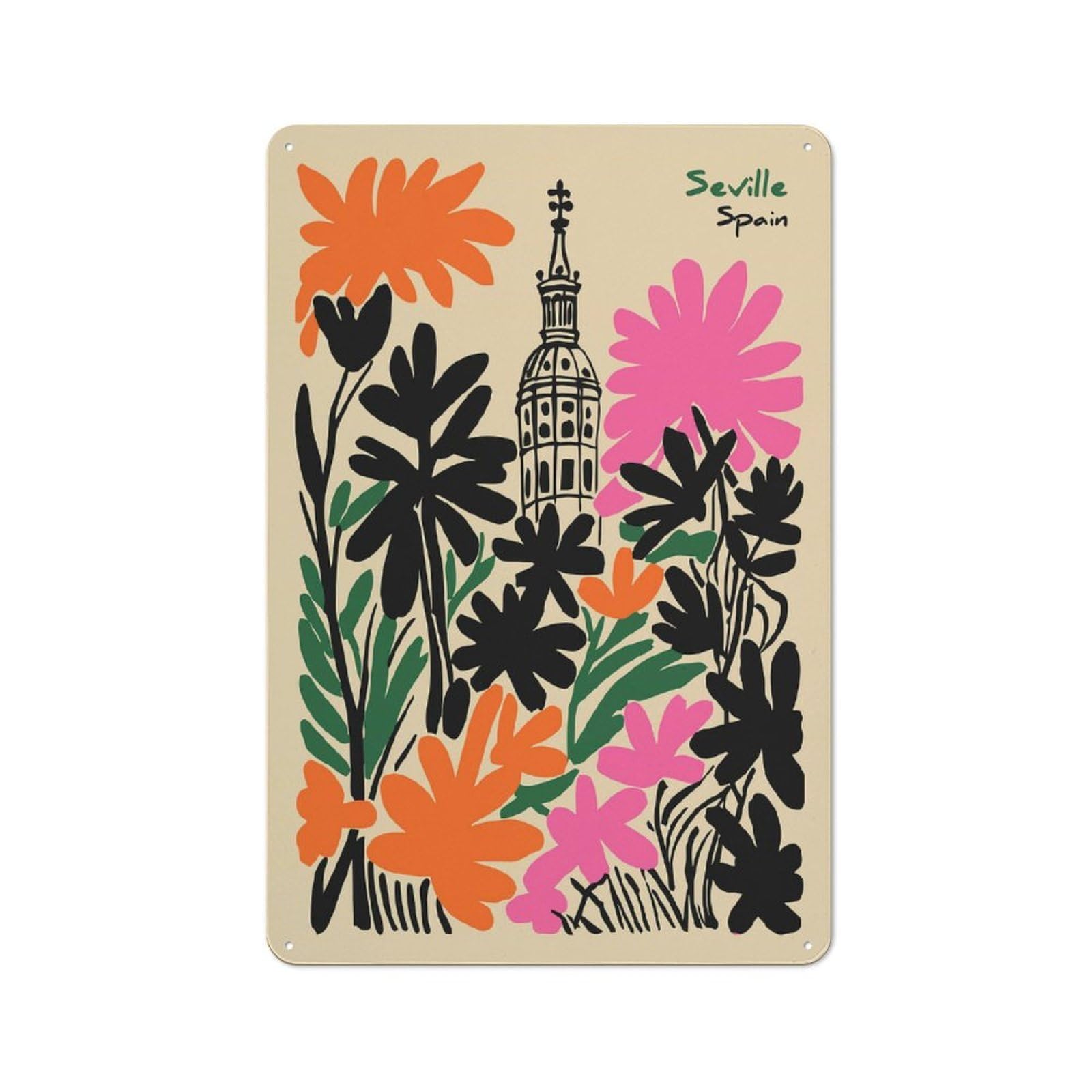 Junmoney Style-14 Seville Spain Floral Illustration Rustic Metal Sign 30X20cm For Garden Room Or Summerhouse, For Themed Interiors In Garden Rooms And Summerhouses
