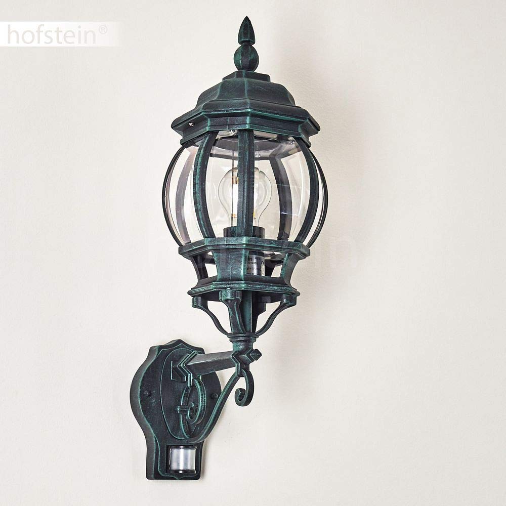 HOFSTEIN Außenwandleuchte Lentua, Außenwandlampe mit Bewegungsmelder aus Metall/Kunststoff in Schwarz-Grün/Klar, Wandleuchte Up im Retro/Vintage-Design, E27, IP44, Eingangsbereich, Terrasse, Haustür