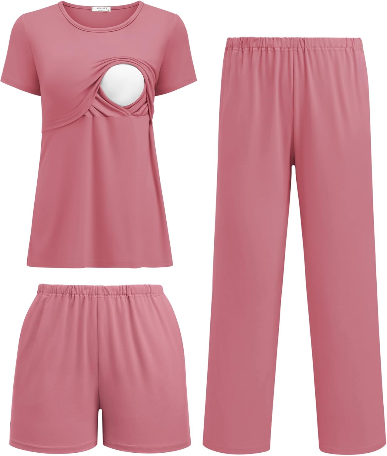 Ekouaer 3 Piece Postpartum Nursing Pajamas Set Short Sleeve Breastfeeding Shirts Pregnancy Shorts & Pants Maternity Pjs