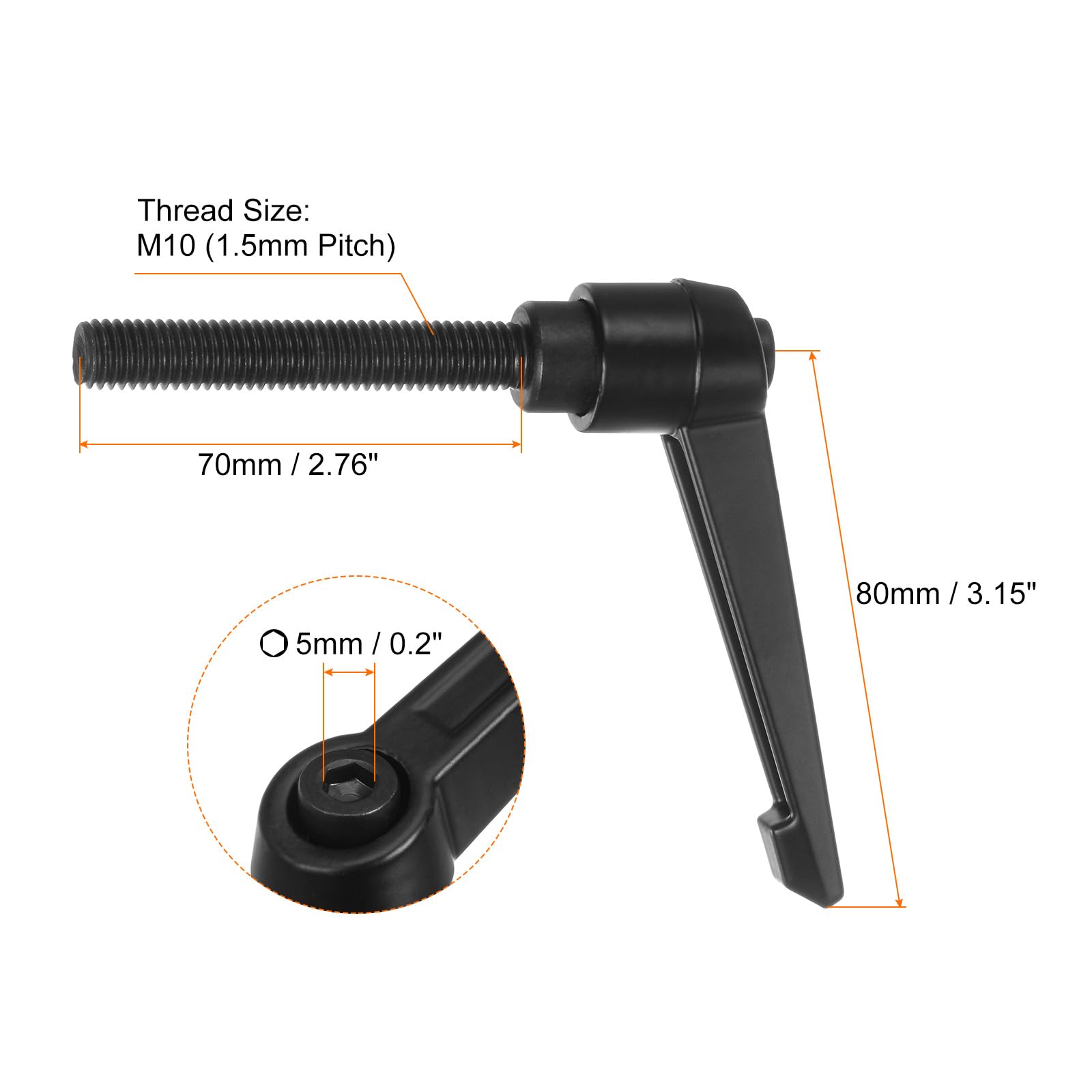 QUARKZMAN 6pz Regolabile Serraggio Leva Maniglie M10 x 70mm Maschio Filettatura Bullone Manopole Girevole Vite blockggio Rapido Rilascio Cricchetto Pulsante Maniglia, Nero