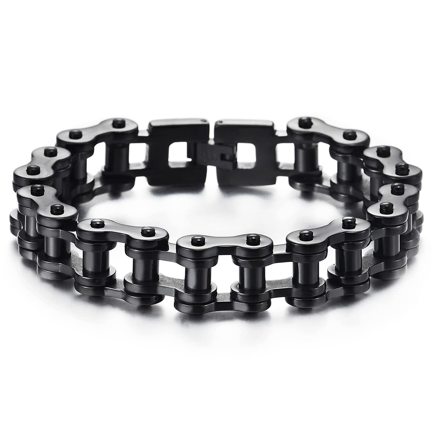 COOLSTEELANDBEYOND Masculino Negro Plata Dos Tonos Pulsera de Hombre, Brazalete de Acero Inoxidable, Bike Chain, Cadena Bici Motocicleta