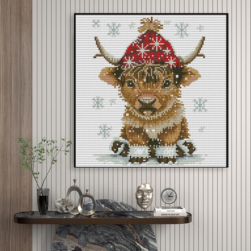 Image of Cute Little Highland Cow with Christmas Hat DIY 11CT Stamped Cross Stitch Kits for Beginners Easy Needlepoint Embroidery Counted Cross Stitch Art Craft for Wall Decoration 14x14inch(1)
