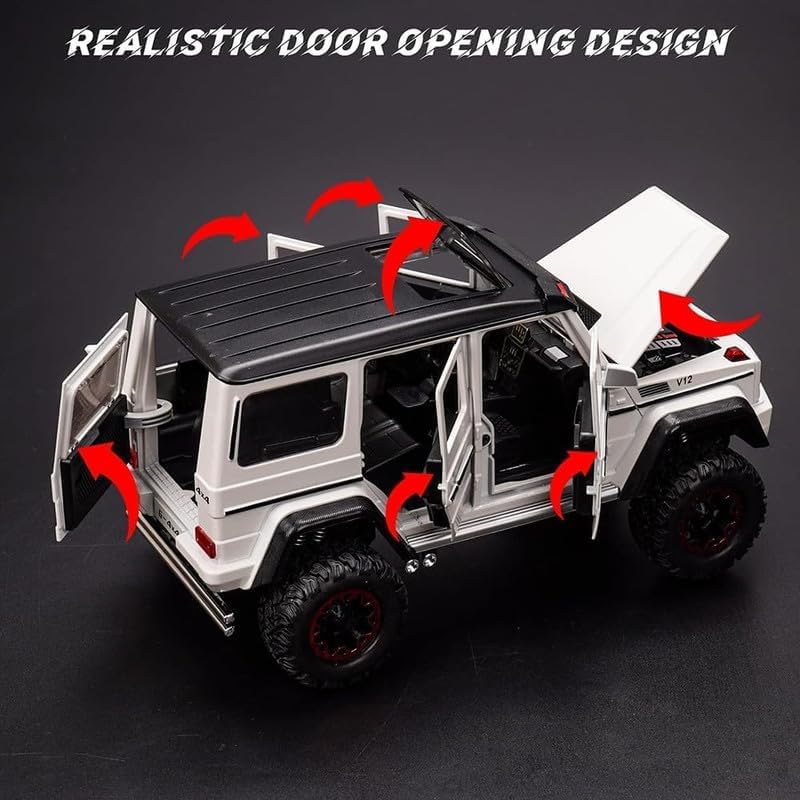 Image of Kids Model 1:32 AMG 4X4 Die Cast Metal Car Pull Back Action Opening Doors with Realistic Engine Sound Lights Toy Car Gift for Boys - White