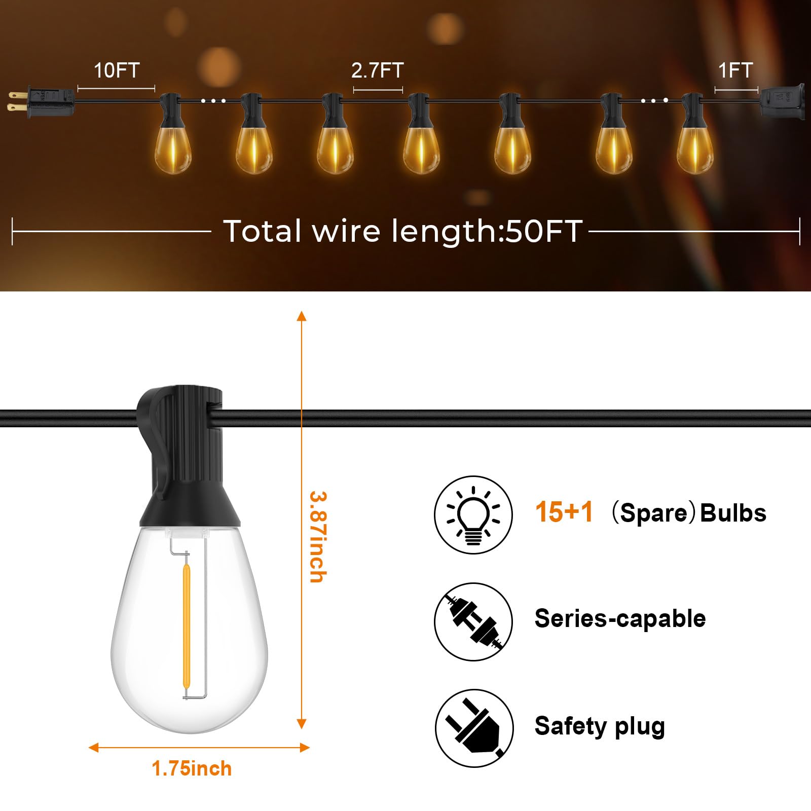 GvvooHome Cadena de luces LED para exteriores de 50 pies con 17 bombillas reemplazables S14 impermeables inastillables (2 de repuesto), luces de patio de grado comercial de 2700 K, luz colgante
