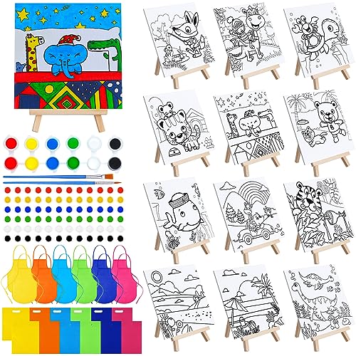 Tenceur 48 Pcs Kids Paint Party Favors Sets with 12 Pcs Animals Pre Drawn Canvas Panel and Wooden Easel Set Paint Pots and Brushes 12 Mini Apron and Tote Bag for Kids Boys Student Girls