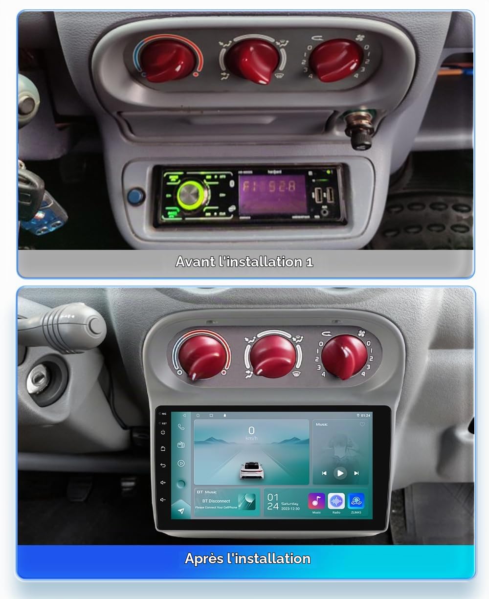 Ossuret Autoradio pour Renault Twingo 2005-2013, 9 Pouces Android 14 écran Tactile 2+32 Go Navigation GPS Compatible avec Carplay Android Auto WiFi Bluetooth Commande au Volant TPMS (Modèle A)