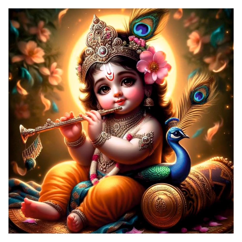 Sky Flying Baby Krishna Flute And Peacock Wall Poster (K18_NW_28) Living Room, Pooja Room, KIds Room (Size - 46CM X 46CM)