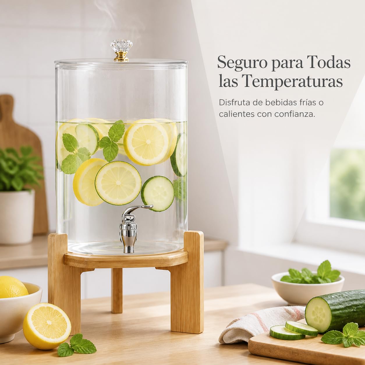 Dispensador Bebidas Vidrio Estilo, 4.5L + grifo + base bambú